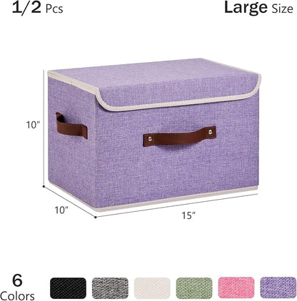 Storage Bins Box with Lids Decorative Cotton Linen Fabric Baskets Cubes with Handles PP Plastic Board Foldable Washable Lidded Clothing Shelf Closet Organizer Container (Purple, Large)
