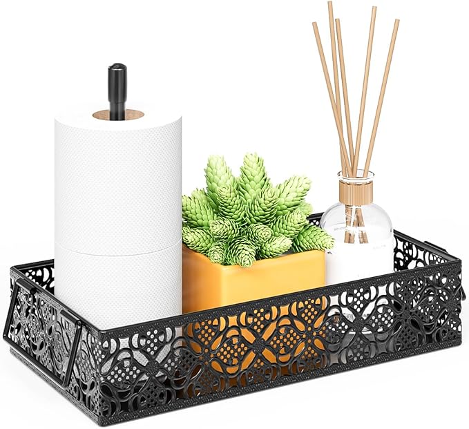Toilet Tank Topper Paper Basket - Basket Decor Box with Magnetic Paper Towel Holder for Restroom Bathroom (Black)