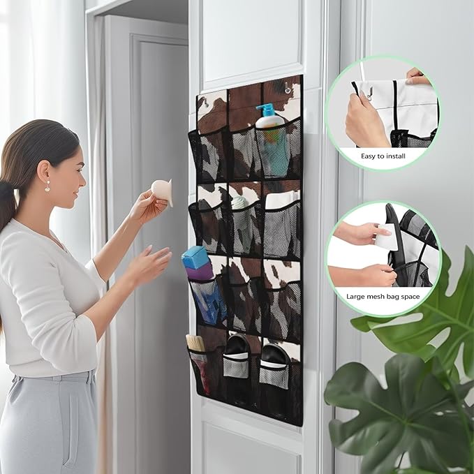 Multi-Pocket Over the Door Organizer, 12 Mesh Pockets Storage Hanging Bag Behind the Door for Shoes Toys and Cleaning Supplies, Fabric Door Organizer for Bedroom Bath, Brown Cowhide Print