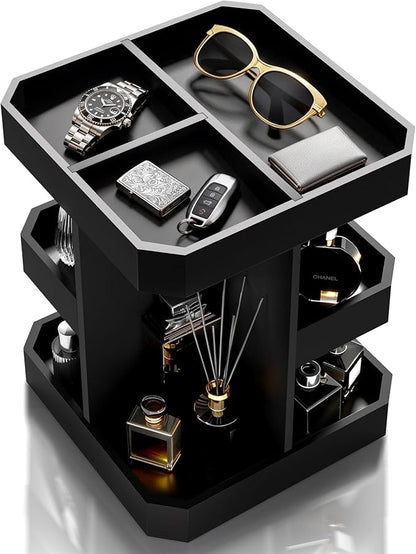 HWZ Wooden Cologne Organizer for Men, Cologne Stand, 360 Rotating, Massive 3 Shelf Storage Unit, Elegant Display Holder for Perfume & Accessories, Bedroom Essentials, Ideal Gift for Loved ones