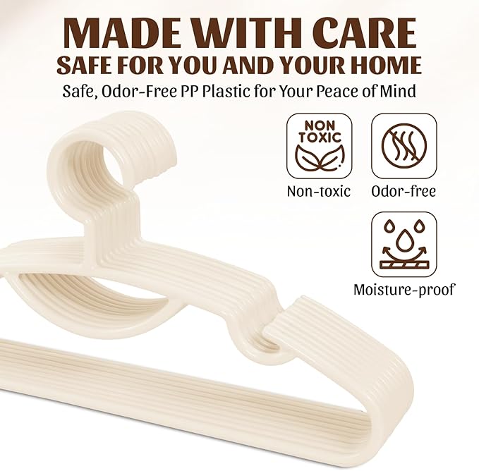 30 Pack Heavy Duty Plastic Hangers, Thick Strong Plastic Clothes Hangers for Coat Jacket and Shirt, Space Saving Clothes Hangers with Shoulder Grooves for Tank Top, Blouses, Strappy Dresses (Beige)