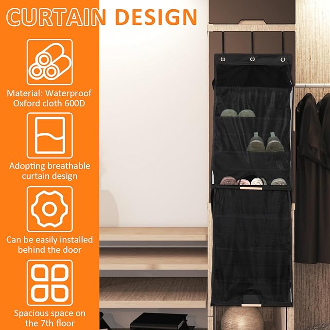 Over the Door Shoe Organizer for Closet, Hanging Shoe Organizers with 7 Large Pockets, Heavy-Duty Large Deep Pocket Hanging Shoe Organizer Shoe Rack for Closet and Narrow Door