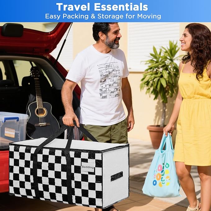 BETU 16 Pack Moving Bags Moving Storage College Dorm Camping Packing Travel PE Heavy Duty, Sturdy Handle, Zipper Large Storage Tote Bag Moving Boxes Box Alternative - White Plaid 29L x 15W x 15H