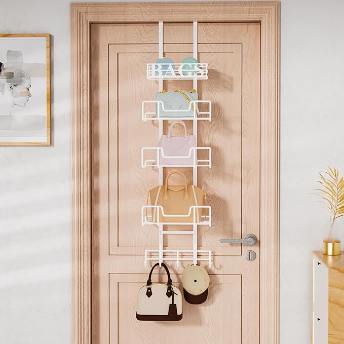HapiRm Over Door Purse Organizer - Adjustable Purse Storage Rack with Bags Design Metal Basket, Wall Mounted Handbag Organizer, Hanging Handbag Holder, Can Use As 1/2 Part Detachable, White
