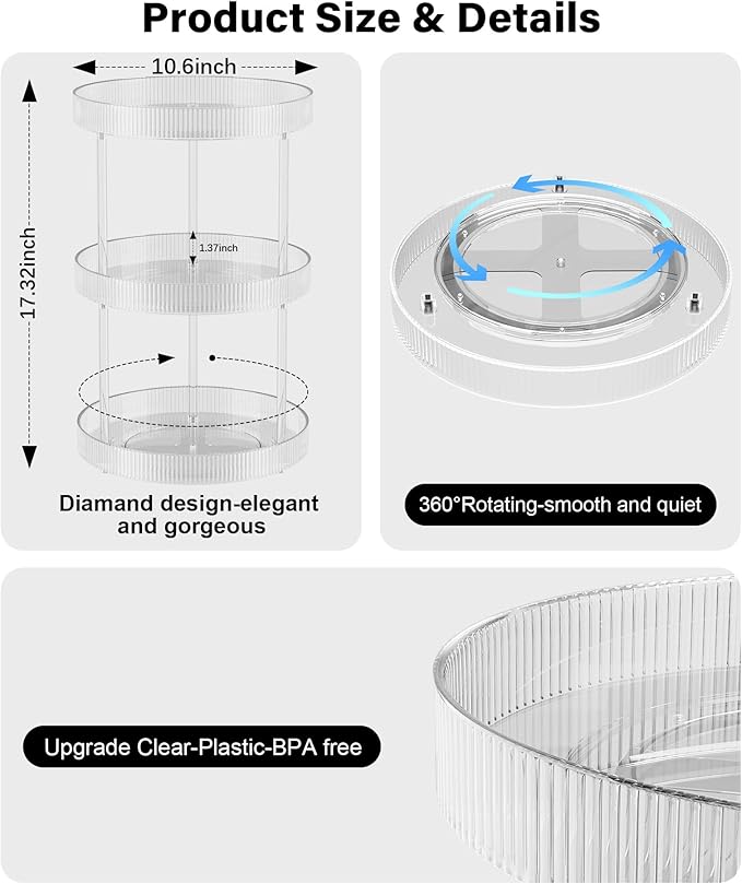 3 Tier Lazy Susan Bathroom Countertop Organizer, 360° Clear Rotating Makeup Cosmetic Perfume Storage Tray, Spinning Vanity Organizer Shelf for Bathroom Cabinet, Dresser, Kitchen(Large)