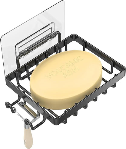 Moforoco Black Soap Dish, Soap Bar Holder for Shower, No Drilling Bathroom Accessories, Wall Mounted Soap Holder with Hooks, Shower Rack Tray Bar for Suitable for Bathroom, Kitchen Sink