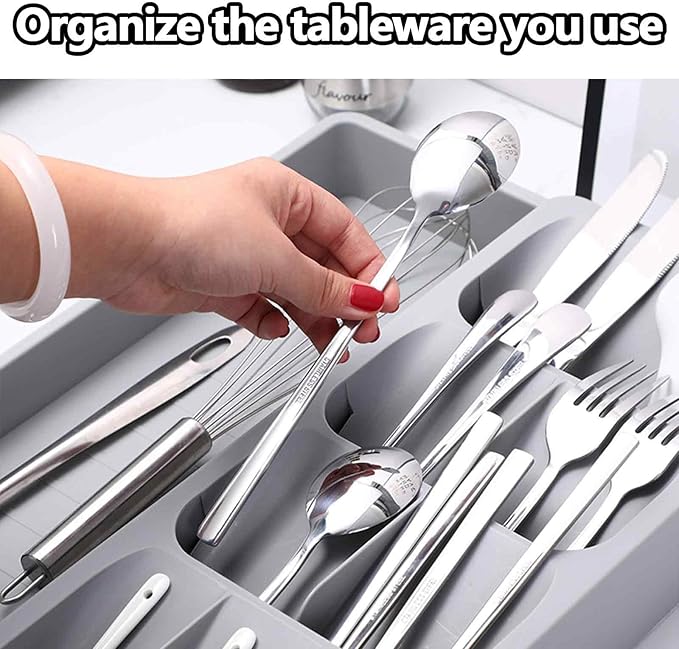 Expandable Kitchen Drawer Organizer Tray, 15.9×10.3×2.2in,Adjustable Silverware Storage for Spoons,Forks,Knives, Compact Cutlery Holder Saves Space(Grey)