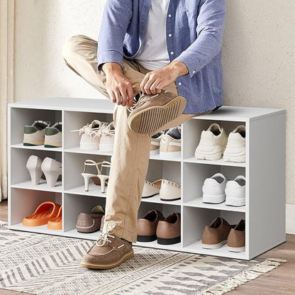 Aenuert 12-Cubby Shoe Rack, 3-Tier Wood Shoe Organizer, Multifunctional Shoe Organizer Bench for Entryway, Mudroom, Hallway, Closet,36.22 * 11.81 * 17.72 Inch,White