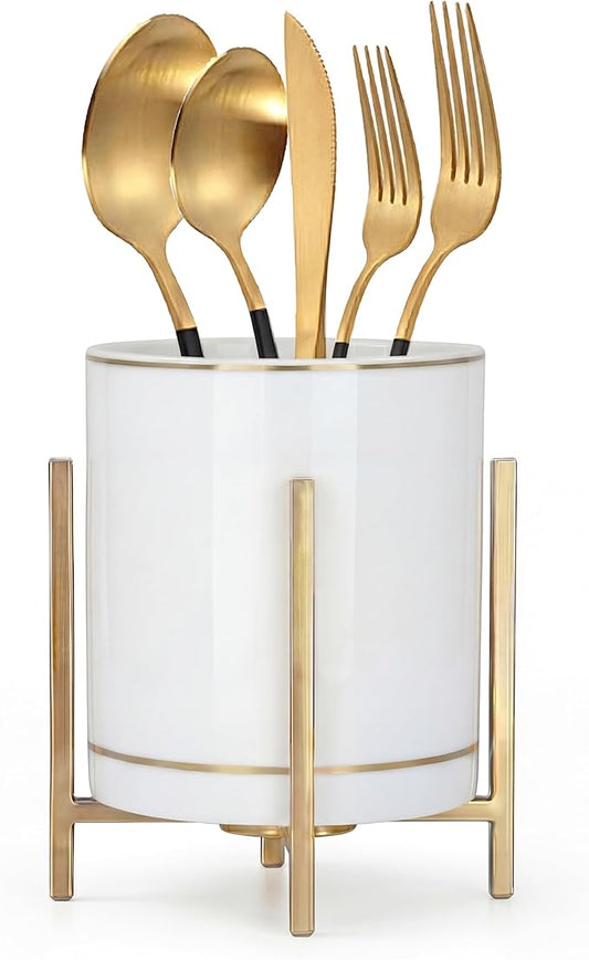 Fork and Spoon Holder Cute, Gold Spoon Stand, Countertop Silverware Holder, Small Utensil Holder for Kitchen Countertop, Ceramic Cup with Gold Trim, Kitchen Decor, 1 Pc