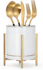 Fork and Spoon Holder Cute, Gold Spoon Stand, Countertop Silverware Holder, Small Utensil Holder for Kitchen Countertop, Ceramic Cup with Gold Trim, Kitchen Decor, 1 Pc