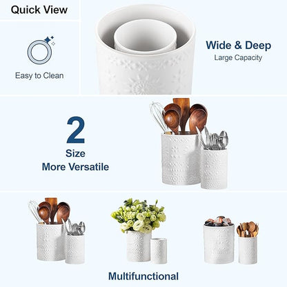 LOVECASA Utensil Holder, 7.2"+5.4" Ceramic Utensil Holder for Countertop, Large Cooking Utensil Crocks for Kitchen Counter, Farmhouse Utensil Vase for Housewarming, Kitchen Decor, Set of 2, Snow