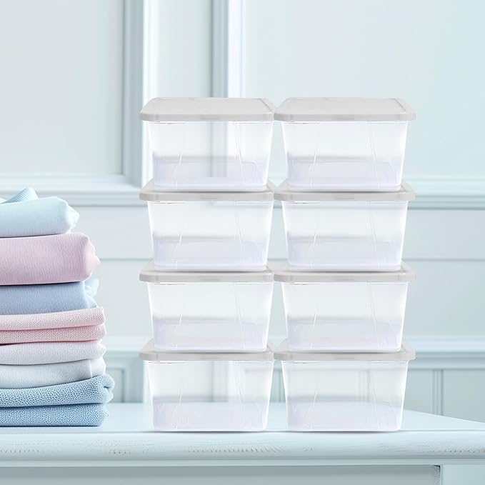 HOMZ 10-Pack Snaplock, Small Clear Plastic Storage Organizer Bins w/ Lids, 6 Quart, White - Stackable Container Boxes for Bedroom, Bathroom, Garage, and Office Organization