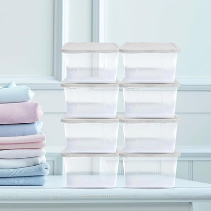 HOMZ 10-Pack Snaplock, Small Clear Plastic Storage Organizer Bins w/ Lids, 6 Quart, White - Stackable Container Boxes for Bedroom, Bathroom, Garage, and Office Organization
