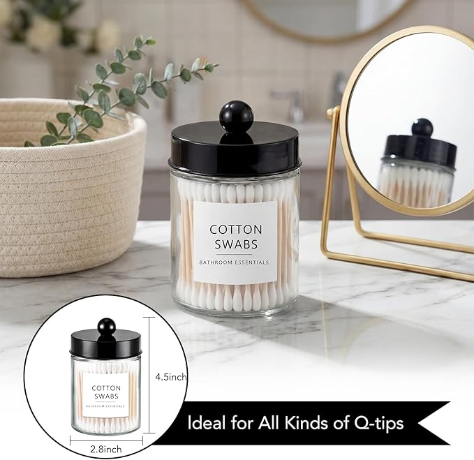 Amolliar 4 Pack Qtips Dispenser Holder - Bathroom Countertop Storage Organizer Containers - Glass Apothecary Jars with Black Plastic Lid for Q-tips Cotton Balls, Swabs, Round Pads, Floss