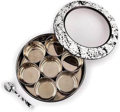 Elan Splatterful Collection Spice Box, Masala Box for Kitchen, Stainless Steel 7 Compartment Multipurpose Air-Tight See Through Round Spice Box/Popula Dabba with Spoon (Black & White, 1500 ml)