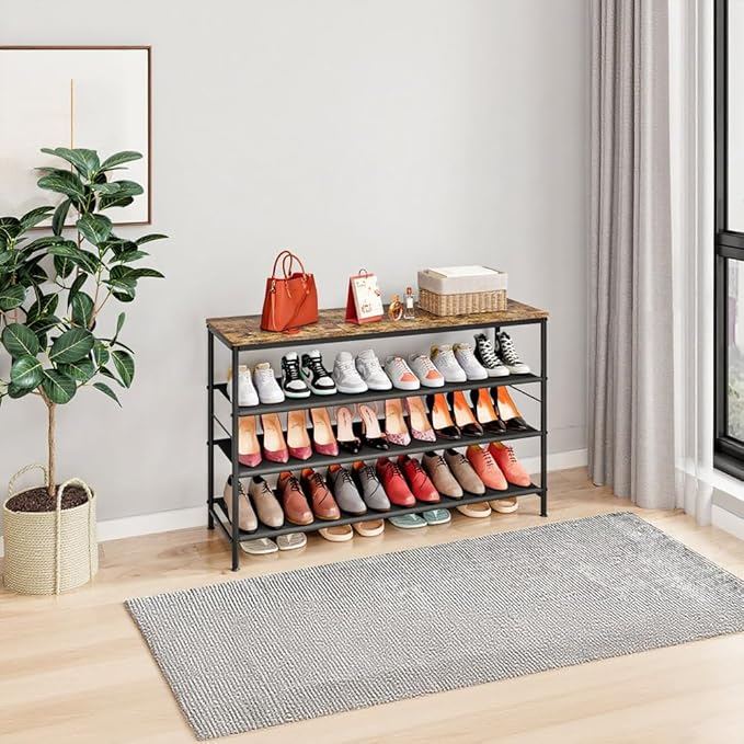 INGIORDAR Shoe Rack Organizer 5 Tier Metal Organizer Shelf with Industrial MDF Board and Layer Fabric for Entryway Closet Bedroom Living Room Garage (Black+Rustic Brown, 4 Tier(47.2" W))