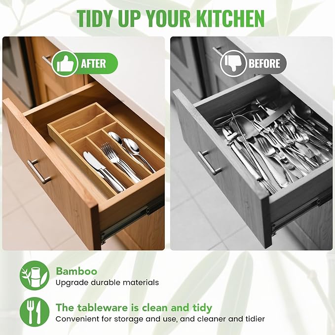 Small Silverware Organizer, Bamboo Kitchen Drawer Cutlery Organizer, Utensil Holder, Flatware Organizer Tray (14.2"x6.7"x1.6")