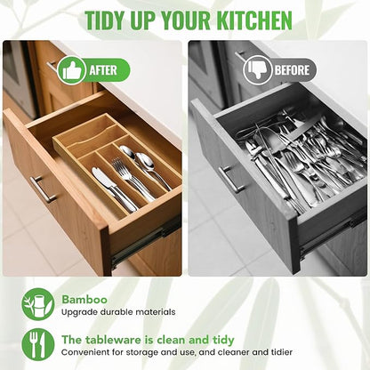 Small Silverware Organizer, Bamboo Kitchen Drawer Cutlery Organizer, Utensil Holder, Flatware Organizer Tray (14.2"x6.7"x1.6")