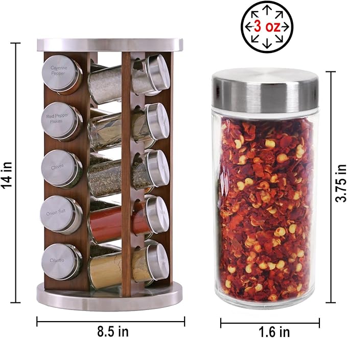 Orii 20 Jar Rotating Dark Acacia Wood Spice Rack with Spices Included & 5-Year Spice Refill Program – Rustic Wood Countertop Spice Rack with Glass Jars