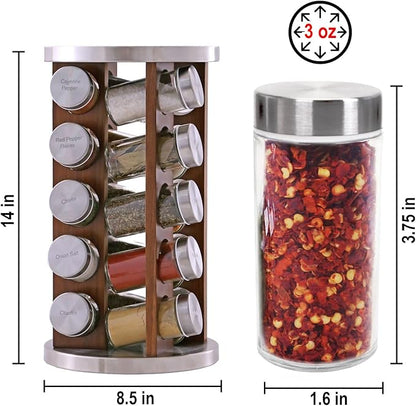 Orii 20 Jar Rotating Dark Acacia Wood Spice Rack with Spices Included & 5-Year Spice Refill Program – Rustic Wood Countertop Spice Rack with Glass Jars