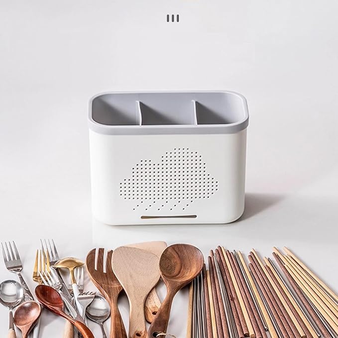 Kitchen Utensil Holder with Drainage Design, Plastic Cutlery Caddy for Countertop and Drawer Organization, Space Saving Cooking Tool Storage