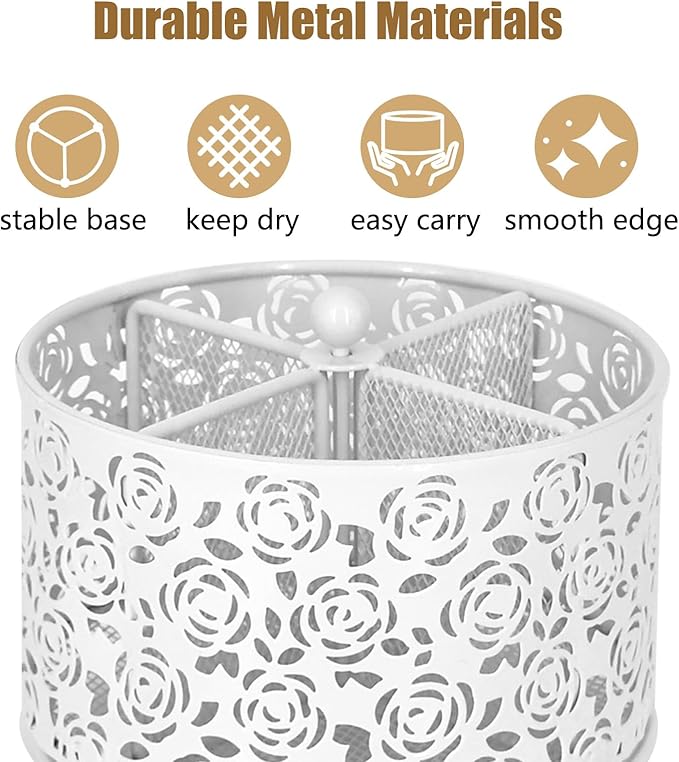 DysanVica 360° Rotating Metal Silverware Caddy - 4 Compartment Utensil Cutlery Holder Fork Spoon Napkin Organizer Flatware Storage Basket Party Countertop Buffet Picnic Camping Outdoor (White)