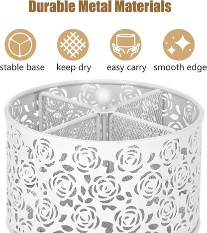 DysanVica 360° Rotating Metal Silverware Caddy - 4 Compartment Utensil Cutlery Holder Fork Spoon Napkin Organizer Flatware Storage Basket Party Countertop Buffet Picnic Camping Outdoor (White)