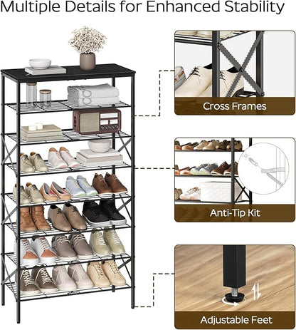YATINEY 8 Tier Shoe Rack, Large Capacity Shoe Storage Organizer Holds 32 Pairs, Sturdy and Stable, for Entryway, Hallway, Closet, Dorm Room, Black SS08BB