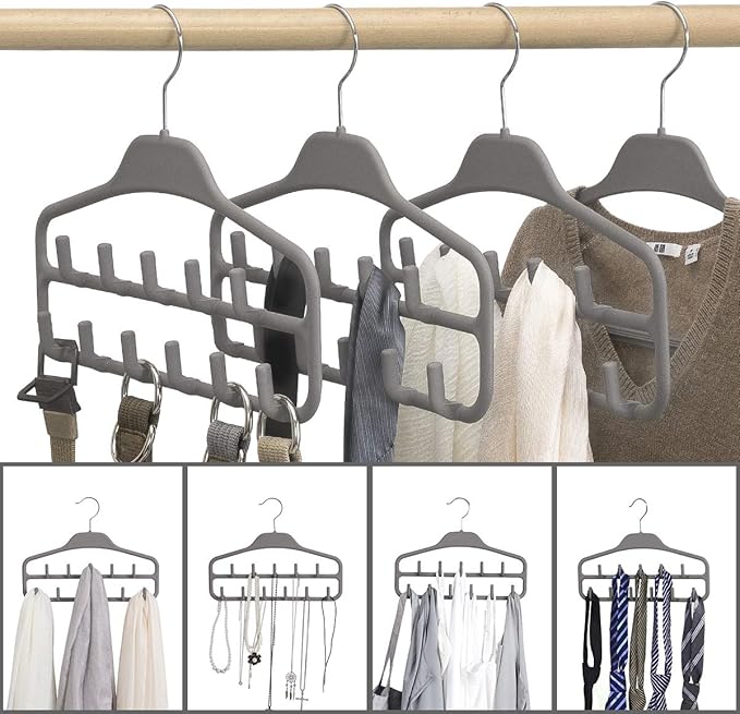 Belt Hanger Rack Holder for Closet, Sturdy Belt Organizer with 360 Degree Swivel, 11 Large Sturdy Belt Hooks, Non Slip Rubberized Belt Storage, Grey