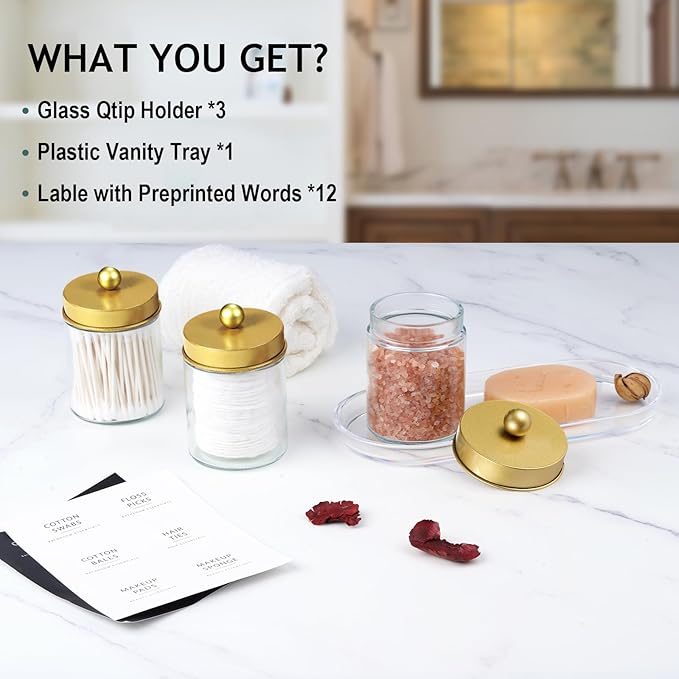 SheeChung 3-Pack Glass Apothecary Jars with Acrylic Vanity Tray - Bathroom Organizer Set for Qtip, Cotton Ball, Floss Picks - Luxury Style Bathroom Accessories Storage Canister（Gold)