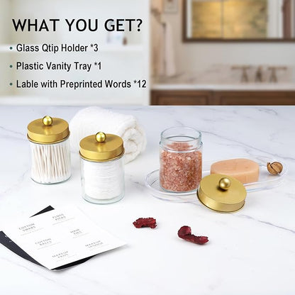 SheeChung 3-Pack Glass Apothecary Jars with Acrylic Vanity Tray - Bathroom Organizer Set for Qtip, Cotton Ball, Floss Picks - Luxury Style Bathroom Accessories Storage Canister（Gold)