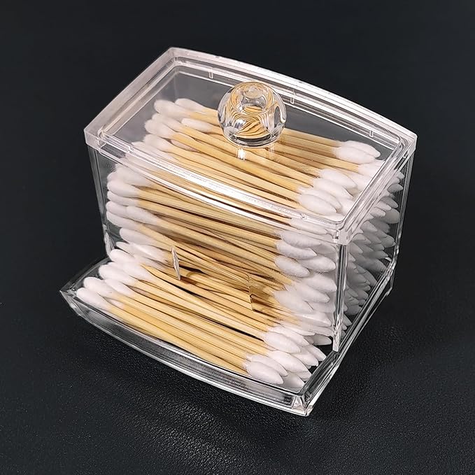 Clear Acrylic Qtip Holder Dispenser, Apothecary Jar for Cotton Swab, Ball & Floss Picks, Small Bathroom Countertop Organizer and Storage, Modern Vanity Decor