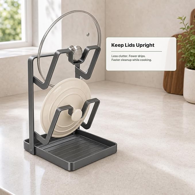 Pot Lid Holder for Countertop with Spoon Rest, Double-Layer Carbon Steel Lid Organizer with Removable Drip Tray, Stove Top Utensil Holder, Includes Silicone Mat