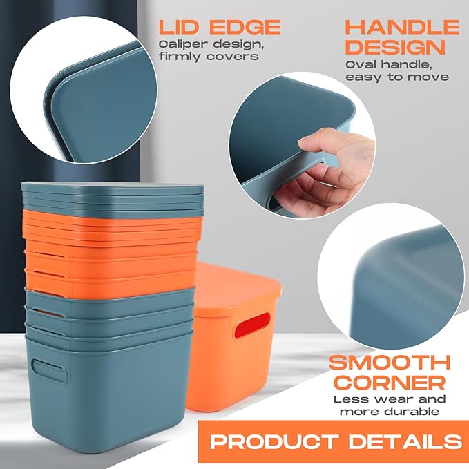 Hoolerry 8 Pieces Colorful Storage Bins with Lid, Plastic Storage Basket Organizing Container Stackable Box with Handle for Shelves Desktop Playroom Office(10.2 x 7 x 6.3 Inch,Blue and Orange)