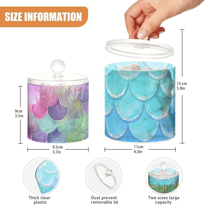 2 Pack Qtip Dispenser Apothecary Jars with Lids Cotton Round Holder Bathroom Canisters for Cotton Swab Floss Ball Pads Clear Plastic Decorative Blue Fish Scale