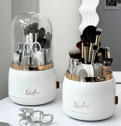 360 Rotating Makeup Brush Holder with Lid Clear Dustproof Make Up Organizers for Vanity Countertop Includes a Foldable Bowl for Cleaning Makeup Brush Transparent Dustproof (White)