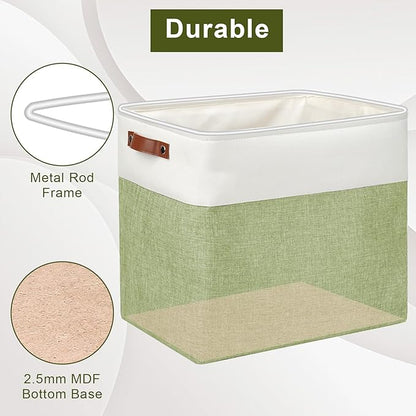 Bagnizer Large Fabric Storage Baskets | 50L Storage Bins, Decorative Linen Closet Baskets with Handles for Organizing, Shelf, Toys, Clothes, Home, Office, Nursery, 17x12x15Inches (Green&White)