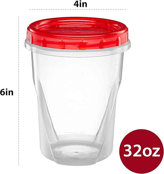 ELEGANT DISPOSABLES (32 Ounce 10 Pack) Twist cap Containers Clear Bottom With Red Top Screw on Lids Twist Top Food Storage Freezer Containers
