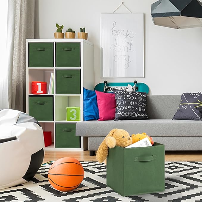 Stero Fabric Storage Bins 6 Pack Fun Colored Durable Storage Cubes with Fabric Handles Foldable Cube Baskets for Home, Kids Room, Closet and Toys Organization Dark Green