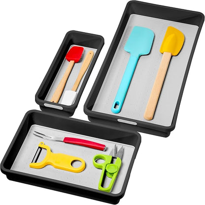 madesmart 3 Bin Drawer Organizer Set, Multi Purpose Storage for Utensils, Office & Bathroom, Organizer for Cutlery, Peeling Tools, Spatulas, Soft Grip Lining & Non Slip Feet, Granite