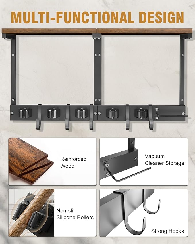 Supforce Broom Holder Wall Mount with Top Wooden Shelf, Heavy Duty Metal Cleaning Supplies Broom Hanger with Vacuum Organizer and 5 Slots & 5 Hooks for Laundry Garage Tool Storage Kitchen (Large)