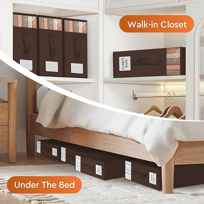 StorageTastic 6 Pack Bed Sheet Closet Organizers and Storage,Sturdy Foldable Storage Containers with Window and Label,Storage and Organization for Bedding Sheets,Duvet Covers,Blankets (Brown)