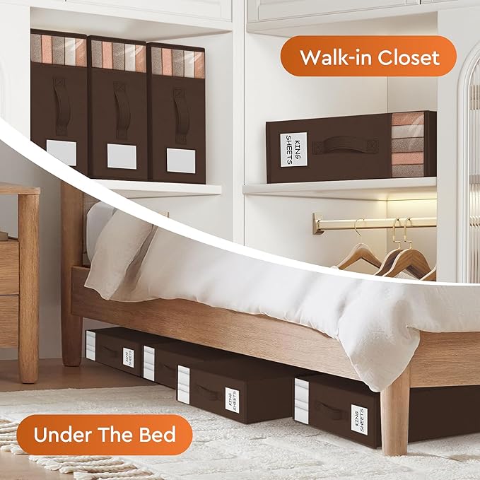 StorageTastic 4 Pack Bed Sheet Closet Organizers and Storage,Sturdy Foldable Storage Containers with Window and Label,Storage and Organization for Bedding Sheets,Duvet Covers,Blankets (Brown)