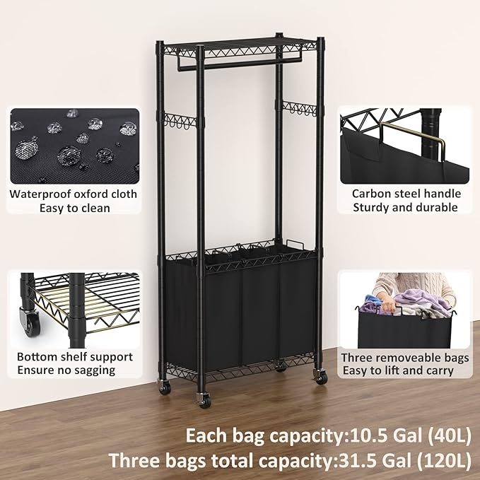 Hodonas Rolling Laundry Basket Organizer with Wheels and Hanging Bar, Laundry Hamper Cart Laundry Sorter 3 Section, Dirty Clothes Hampers for Laundry Bedroom Bathroom w/ 3 Removable Bags, Black