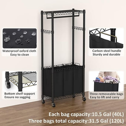 Hodonas Rolling Laundry Basket Organizer with Wheels and Hanging Bar, Laundry Hamper Cart Laundry Sorter 3 Section, Dirty Clothes Hampers for Laundry Bedroom Bathroom w/ 3 Removable Bags, Black