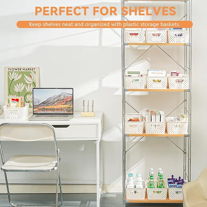 12 Pack Plastic Storage Baskets for Organizing, Storage Baskets for Shelves with Handles, Small Storage Bins with Labels, Organizer Baskets for Cabinet,Closet, Office