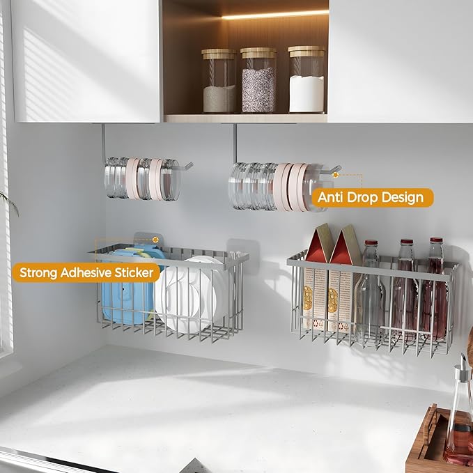 4 Pack Adhesive Cabinet Door Organizer - Tumbler Lid Organizer & Kitchen Storage baskets for Kitchen, Bathroom, Inside Cabinet Door Storage for Cup Lids, Spices, Small Supplies, Space-Saving (Grey)