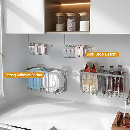 4 Pack Adhesive Cabinet Door Organizer - Tumbler Lid Organizer & Kitchen Storage baskets for Kitchen, Bathroom, Inside Cabinet Door Storage for Cup Lids, Spices, Small Supplies, Space-Saving (Grey)