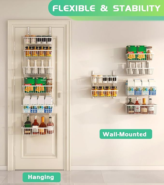 Mefirt 12 Inch Wide Narrow Over The Door Pantry Organizer, Pantry Organization and Storage, 6-Tier Metal Hanging Deep Basket Wall Spice Rack Seasoning Shelves, Home & Kitchen Essentials, White