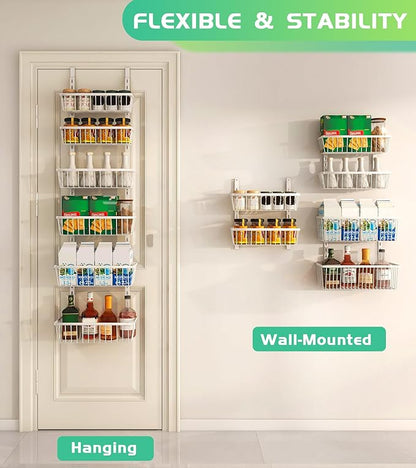 Mefirt 12 Inch Wide Narrow Over The Door Pantry Organizer, Pantry Organization and Storage, 6-Tier Metal Hanging Deep Basket Wall Spice Rack Seasoning Shelves, Home & Kitchen Essentials, White